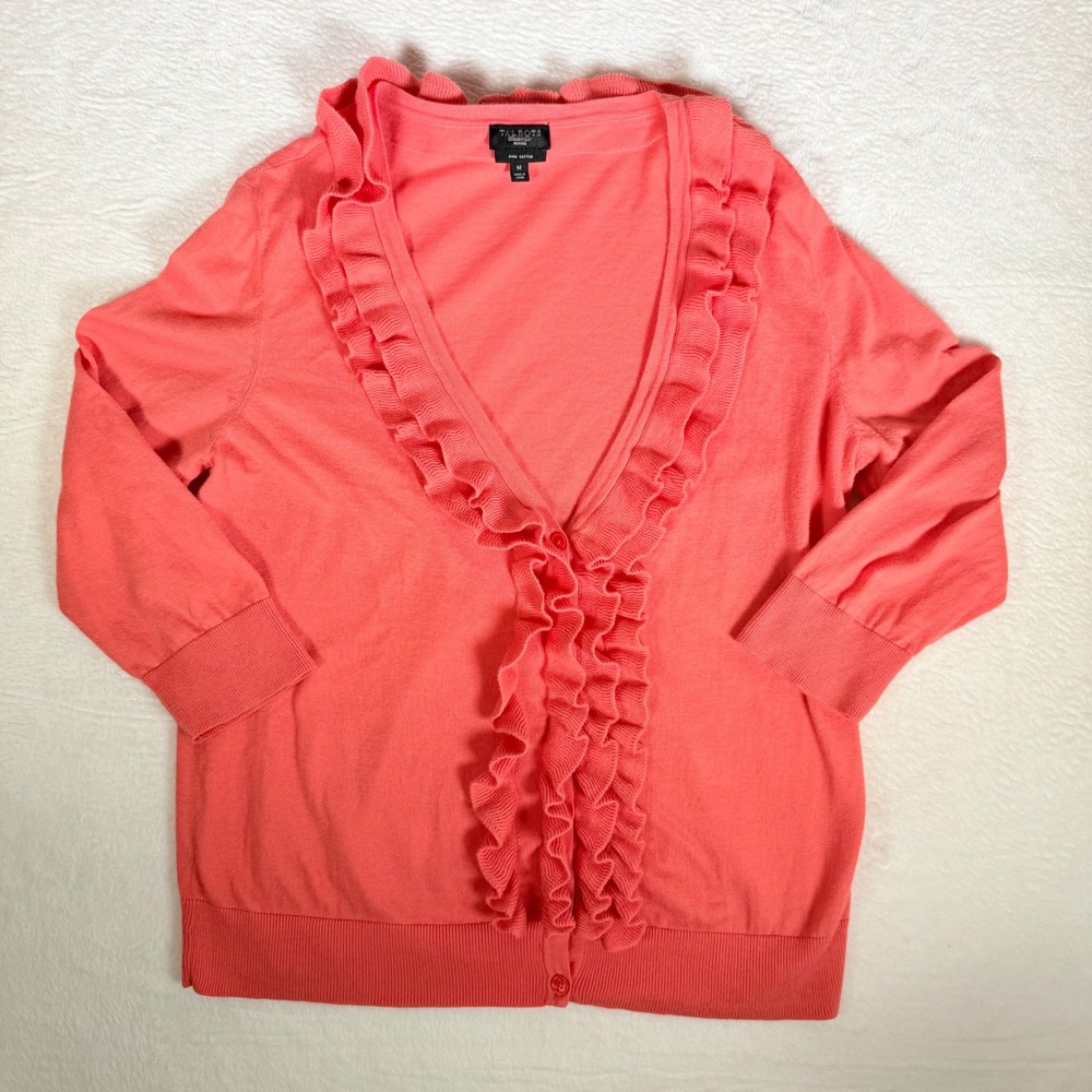 Talbots Petite Coral Ruffle V Neck Cardigan Sweater Pima Cotton M 3/4 Sleeve